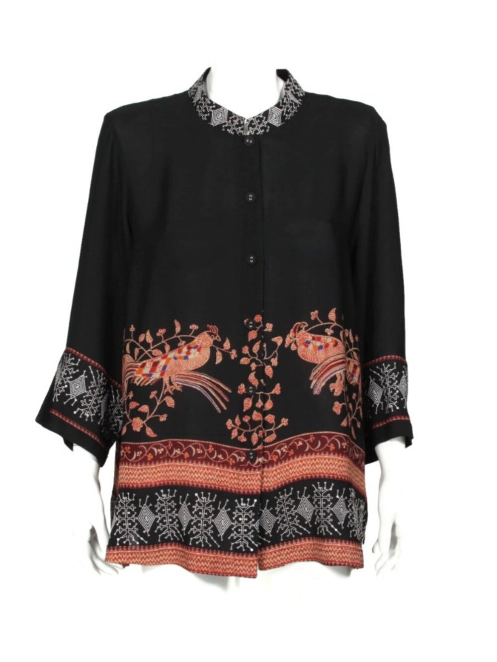Citron Santa Monica Black Peacock Floral Silk Sequin Embroidered Top sz 0 /692